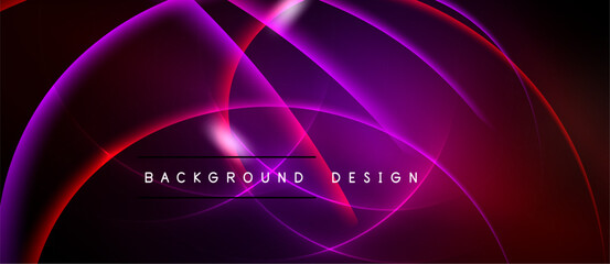 Abstract design features flowing purple, pink, red curves. Dark background enhances vibrant light effects, creating dynamic visual impact.