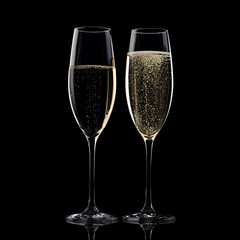 Two flute glasses filled with sparkling champagne against black