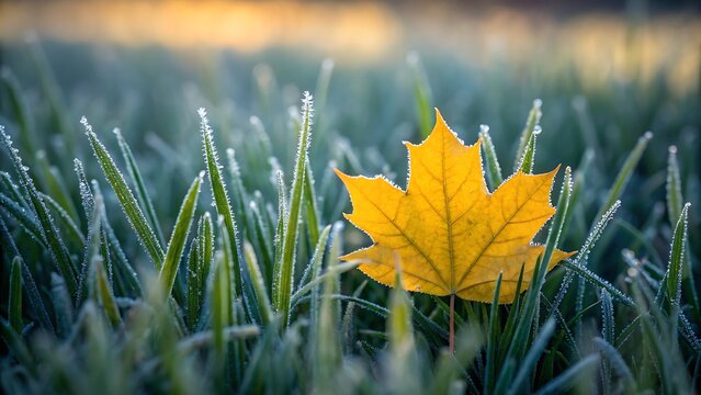 A single bright yellow maple leaf resting in frosty green grass blades during a cold autumn morning sunrise