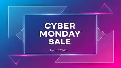 Cyber Monday Sale banner with up to 70% off discount on a futuristic blue and pink background.