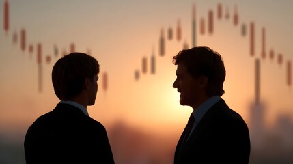 Two silhouetted business professionals converse while analyzing market trends displayed on a chart during a vibrant sunset