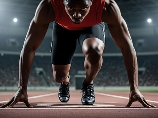 Athlete in starting position on track, focused and ready to sprint for competition