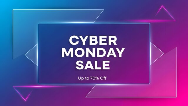 Cyber Monday Sale banner with up to 70% off discount on a futuristic blue and pink background.