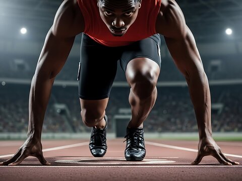 Athlete in starting position on track, focused and ready to sprint for competition