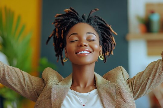 Happy young businesswoman enjoying music at the office, taking a moment to relax and boost morale during a busy workday, Generative AI