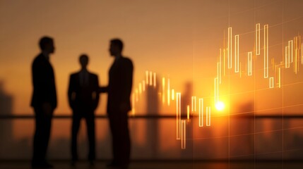 Silhouettes of businessmen shaking hands at sunset overlooking a city skyline with a financial growth chart overlay