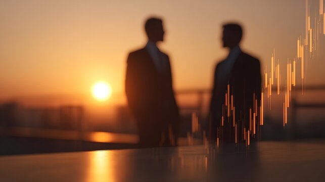 Silhouetted business professionals converse on a rooftop at sunset overlaid with a financial trading graph