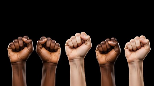 A row of raised fists in different skin tones, symbolizing unity and diversity against a black background. A concept for Black History Month.