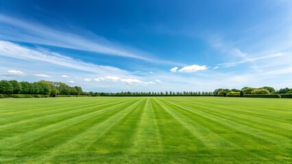 Vast expanse of perfectly manicured green grass field stretching towards a distant line of trees under a bright blue sky with wispy white clouds