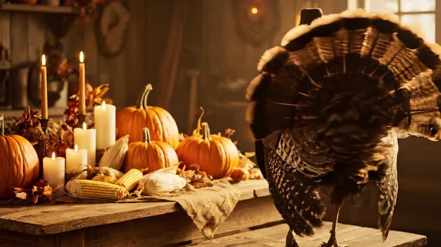 Turkey struts across rustic table. Pumpkin corn and candle form centerpiece. Harvest display evokes fall celebration. Warm light highlights feather texture. Country dinner mood captured. Autumn vibe.
