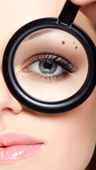 Close-up of a fair-skinned person's eye, magnified through a round, black lens. Focus is on the detailed iris and lashes