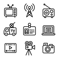 Media and broadcasting icon set isolated on transparent background, Vector