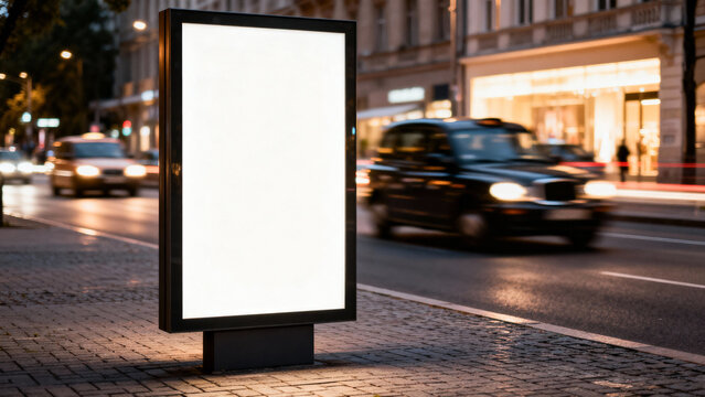 Blank illuminated city lightbox on urban street at night with cars passing