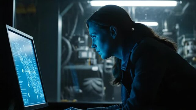 Analyzing coding on glowing monitor. Woman studies data on computer screen. Programmer and engineer inspect server in dim lab. Technology workflow shows focus and problem solving during system repair.