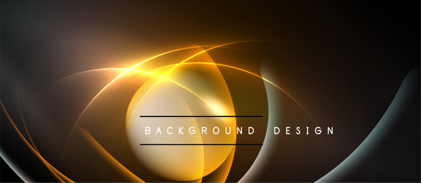 Abstract golden lines create dynamic, flowing shapes. Dark background emphasizes bright central glow, modern design element.