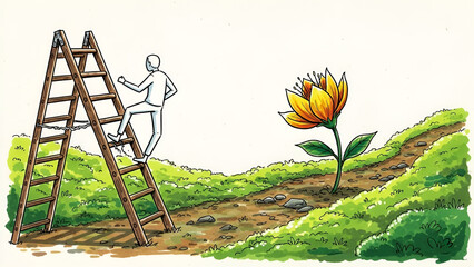 Man scaling ladder toward vibrant flower, symbolizing growth, opportunity, and reaching for aspirational goals, success and achievement