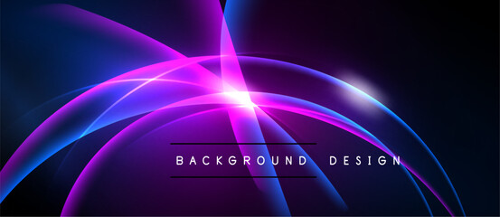 Abstract neon curves, vibrant blues, pinks radiate from central bright point. Dark background enhances luminous effect. Modern design element.
