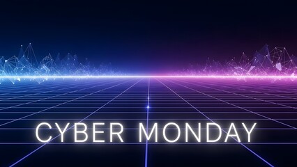Cyber Monday text on a futuristic digital grid landscape with neon lights and abstract waves.
