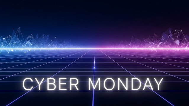 Cyber Monday text on a futuristic digital grid landscape with neon lights and abstract waves.