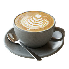 Latte art coffee cup with silver spoon on saucer presentation