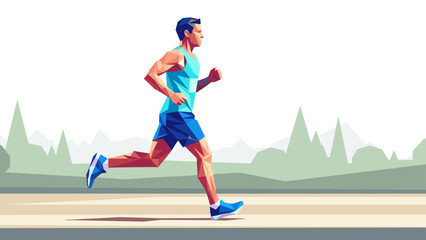 Geometric style runner in vibrant landscape setting with abstract background