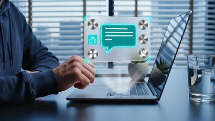 Man uses chat AI on laptop with holographic interface. This user types on a laptop, interacting with a chat AI through a virtual interface. AI technology provides assistance. Holographic future concep - Powered by Adobe
