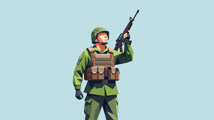 Fototapeta premium Bold soldier in combat gear ready for action on clear blue background