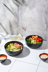 Freshly made rice plates featuring lively toppings and greens