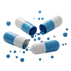Pharmaceutical Capsules with Blue and White Color on Black Background