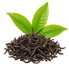 Pile of black tea leaves with three fresh green leaves