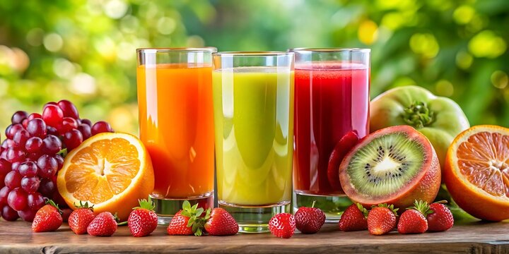 Freshly squeezed fruit juice with various fruits on a rustic wooden table