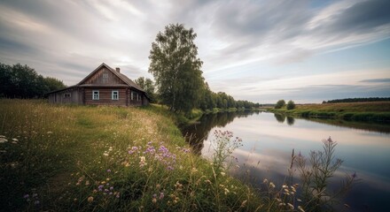 A rustic wooden house sits beside a calm river, surrounded by lush green fields and trees, under a cloudy sky at dusk.