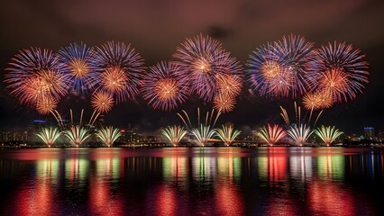 A spectacular display of colorful fireworks exploding in the night sky over a calm body of water with reflections.