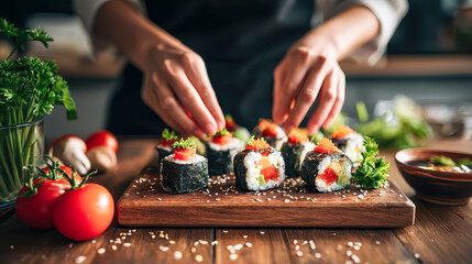 Chef garnishing fresh sushi rolls with herbs and topping on wooden board in kitchen