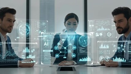 Business Professionals Analyzing Artificial Intelligence Data in Futuristic Office Setting - Powered by Adobe