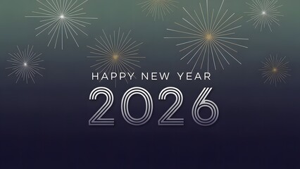 Happy New Year 2026 greeting card with stylized fireworks bursting in a dark night sky, celebrating the upcoming year.