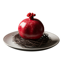 Red Pomegranate Fruit on a Decorative Nest on Plate isolated