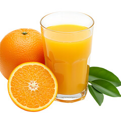 Refreshing orange juice glass with fresh oranges fruit and leaves