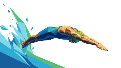 Dynamic low poly diver: geometric art of a dive into water splash