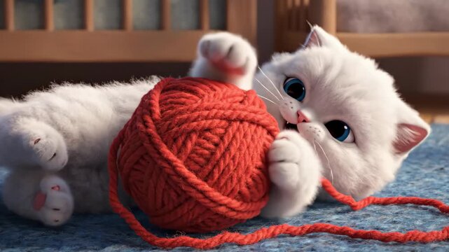Cute animated white kitten playing with a red ball of yarn. Adorable 3D fluffy cat rolling on the floor with its toy. Playful pet concept