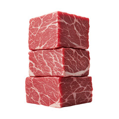 Stacked raw beef cubes with rich marbling and isolated black background