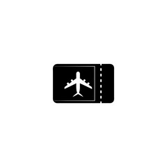 Depicts a black airplane ticket with a plane icon on it on transparent background