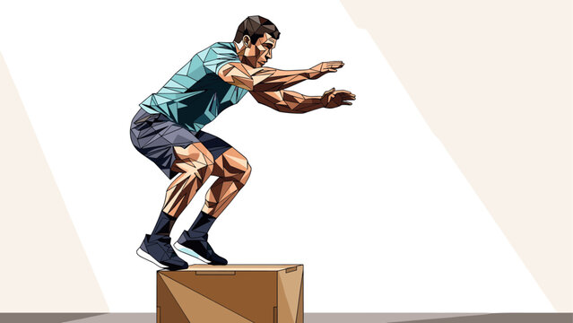 Geometric style athlete performing box jump exercise in polygonal design