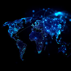 Global network of bright blue lights on a dark world map