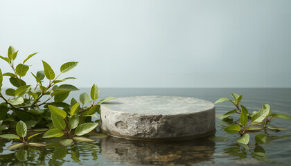Natural stone podium with green leaves and water reflections