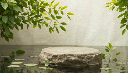 Natural stone podium surrounded by water and lush green leaves