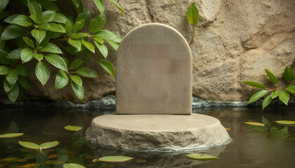 Ancient stone monument standing in a tranquil pond with lush green foliage