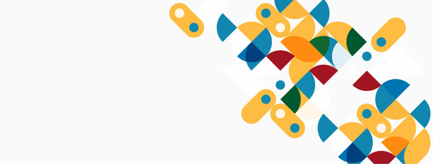 Abstract geometric shapes, vibrant colors, modern design. Composition features rounded rectangles, circles, overlapping forms. Clean aesthetic.