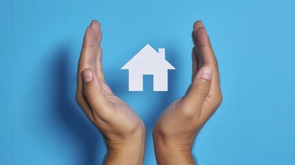 Cupped human hands gently surround a simple white paper cutout of a dwelling against a vibrant blue background