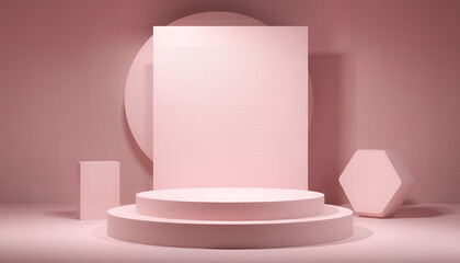 Minimalist pink geometric product display stage with soft lighting